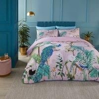 SOIREE - Jungle Peacock Duvet Cover - Super King Bedding Size (260 x 220cm) - Piped Edge - Cotton Sateen Duvet Sets with Tropical Animals - 2x Pillowcases - Luxury Bedding - Pink Bedding with Birds
