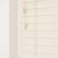 Misty White 50mm Fine Grain Slatted Faux Wood Venetian Blinds with Strings 130cm Drop
