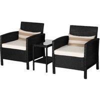Outsunny Garden Outdoor Rattan Furniture 3 Pieces Patio Bistro Set Wicker Weave Conservatory Sofa Chair & Table Set with Cushion Pillow - Black