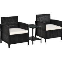 Outsunny Rattan Garden Furniture Outdoor 3 Pieces Patio Bistro Set Wicker Weave Conservatory Sofa Chair & Table Set with Cushion Pillow - Black