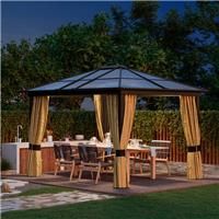 Outsunny 3.6 x 3(m) Polycarbonate Hardtop Gazebo with LED Solar Light and Aluminium Frame, Garden Pavilion with Mosquito Netting and Curtains