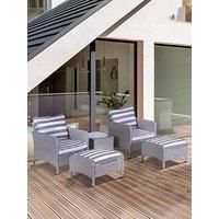 Outsunny 5 Pcs PE Rattan Garden Furniture Set, 2 Armchairs 2 Stools Glass Top Table Cushions Wicker Weave Chairs Outdoor Seating - Grey