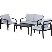 Outsunny 4 Pcs Aluminium Frame Garden Dining Set w/ 2 Chairs Sofa Glass Top Table Foam Cushions Sleek Contemporary Tough Durable Grey Black