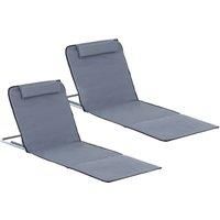 Outsunny Set of 2 Foldable Garden Beach Chair Mat Lightweight Outdoor Sun Lounger Seats Adjustable Back Metal Frame PE Fabric Head Pillow, Grey