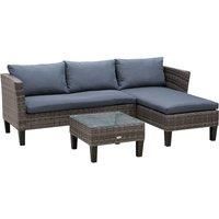 Outsunny 3 Pcs Garden Sofa PE Rattan Set w/ 2 Seats Square Glass Top Coffee Table Thick Cushions Solid Legs Metal Frame Patio Outdoor Balcony Patio L Corner Shape - Grey