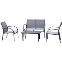 Outsunny 4 Pcs Curved Steel Outdoor Furniture Set w/ Loveseat, 2 Texteline Seats, Glass Top Table Garden Balcony Patio Furniture For Party Event-Grey