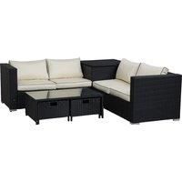 Outsunny 4-Seater Rattan Garden Furniture Patio Sofa Storage & Table Set w/ Coffee Table & Corner Sofa - Black