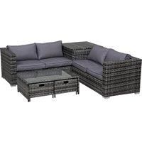 Outsunny 4-Seater Rattan Wicker Garden Furniture Patio Sofa Storage & Table Set w/ 2 Drawers Coffee Table,Great Cushioned 4 Seats Corner Sofa - Grey