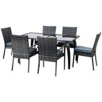 Outsunny 7 Pcs PE Rattan Garden Dining Set Steel Frame 6 Chairs Large Table Grey