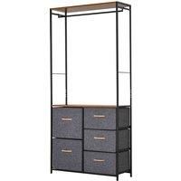 HOMCOM Chest of Drawers with Coat rack Steel Frame 5 Drawers Bedroom Hallway Home Furniture Black Brown