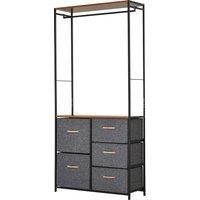 HOMCOM Chest of Drawers with Coat rack Steel Frame 5 Drawers Bedroom Hallway Home Furniture Black Brown