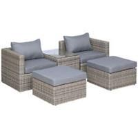 Outsunny 5 Pcs PE Rattan Sofa Footstool Set GlassTop Table Aluminium Frame Grey