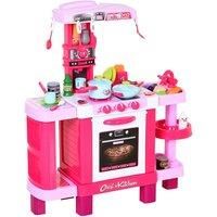 HOMCOM 38 Pcs Kids Children Kitchen Play Set w/ Realistic Sounds Lights Food Utensils Pots Pans Appliances Toy Game Pink