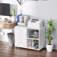 HOMCOM Freestanding Printer Stand Unit Office Desk Side Mobile Storage w/Wheels 3 Drawers, 2 Open Shelves Modern Style 80L x 40W x 65H cm - White