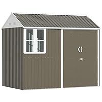 Outsunny 8 x 6 ft Corrugated Metal Garden Storage Shed w/Double Door Window Sloped Roof Outdoor Equipment Tool Storage Garden Grey