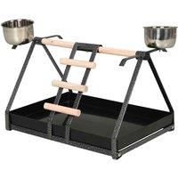 PawHut Portable Bird Stand w/ Stainless Steel Base, Wood Perch, Ladder and Bowls - Black