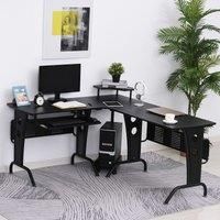 HOMCOM L-Shaped Corner Work Desk Gaming Office w/Steel Frame CPU Rack Keyboard Tray Space-Saving Melamine Coating Computer Home Workstation Black