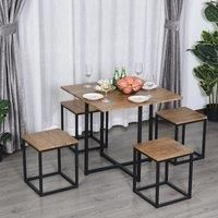 HOMCOM 5 PCS Industrial Table & Stool Set w/Metal Frame Home Dining Stylish Square Compact Seating Chair Beautiful Cool Black Brown