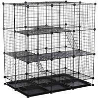 PawHut 3 Level DIY Pet Playpen Metal Small Animal Cage Guinea Pig Rabbit Ferret Chinchillas Cage 4 Doors Bottom Trays Black