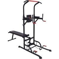 HOMCOM Multifunction Home Workout Power Tower Dip Station w/Sit-up Bench Push-up Bars Tension Ropes Fitness Equipment Office Gym Training