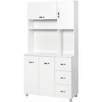 HOMCOM Freestanding Kitchen Storage Unit w/Cupboard Cabinets Open Compartments Drawers Metal Handles Side Shelf Server Home Organisation Furniture White