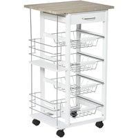 HOMCOM Rolling Kitchen Cart, Utility Storage Cart with 4 Basket Drawers & Side Racks, Wheels for Dining Room, Natural and White