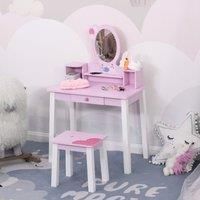 HOMCOM 2 PCS Kids Wooden Dressing Table and Stool Girls Vanity Table Makeup Table Set with Mirror Drawers Role Play Toy for Toddlers Age 3 Years +, Pink and White