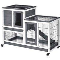 PawHut Wooden Indoor Elevated Rabbit Hutch w/ Enclosed Run and Wheel - Grey
