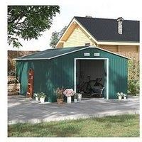 Outsunny 13 x 11ft Outdoor Garden Roofed Metal Storage Shed Tool Box with Foundation Ventilation & Doors, Green