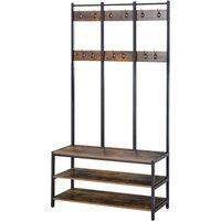 HOMCOM Coat Rack Stand, Free Standing Hall Tree, Coat Stand with Hooks, Bench and Shoe Rack, 100cm x 40cm x 184cm, Industrial Style, Rustic Brown and Black