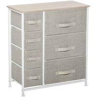 HOMCOM Vertical 7 Linen Drawers Cabinet Organizer Storage Dresser Tower with Metal Frame Adjustable Feet for Living Room, Bathroom, Kitchen, White, Oak and Light Grey