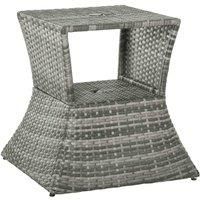 Outsunny Outdoor Patio Rattan Wicker Coffee Table Bistro Side Table w/Umbrella Hole and Storage Space, Grey