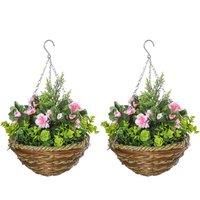 Outsunny Pack of 2 Artificial Lisianthus Flowers Hanging Planter with Basket for Indoor Outdoor Decoration