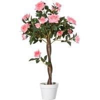 Outsunny 90cm/3FT Artificial Rose Tree Fake Decorative Plant w/ 21 Flowers Pot Indoor Outdoor Faux Decoration Home Office Décor Pink & Green