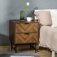 HOMCOM Two-Drawer Herringbone Pattern Bedside Table Home Side Cabinet Storage Unit w/Metal Handles Frame Organisation Furniture Stylish Living Room Walnut Brown