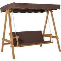 Outsunny 3 Seater Outdoor Garden Swing Chair with Adjustable Canopy, Wooden Hammock Bench with Padded Cushions for Patio Yard, Brown