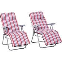 Outsunny Set of 2 Garden Sun Lounger Outdoor Reclining Seat Cushioned Seat Foldable Adjustable Recliner Red and White