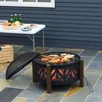 Outsunny 78cm 2-In-1 Outdoor Fire Pit & Firewood BBQ Manual Garden Cooker Heater Bowl w/Safety Grate Mesh Lid Poker Handles Cover Patio Bonfire