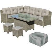 Outsunny 5 Pieces Garden PE Rattan Corner Dining Sofa Set, L-Shape Half-Round Wicker Aluminum Conversation Sets with Two Footstools & 11.8KW Gas Fire Pit Table Patio