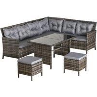 Outsunny 6 PC Garden Rattan Corner Dining Sofa Set 7-seater Outdoor Wicker Conservatory Furniture Lawn Patio Coffee Table Foot Stool w/Cushion - Grey