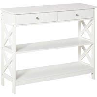 HOMCOM Console Table Side Desk w/Shelves Drawers Open Top X Support Frame Living Room Hallway Home Office Furniture White
