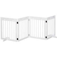 PawHut Freestanding Pet Gate 4 Panel Wooden Dog Barrier Folding Safety Fence with Support Feet up to 204cm Long 61cm Tall for Doorway Stairs White