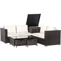 Outsunny 4 Pcs Rattan Wicker Garden Furniture Patio Sofa Storage & Table Set w/ 2 Drawers Coffee Table,Great Cushioned 4 Seats Corner Sofa - Brown