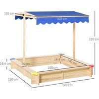 Outsunny Kids Wooden Sandpit Children Cabana Square Sandbox Outdoor Backyard Playset Play Station Adjustable Canopy Bench Seat 120x120x120cm