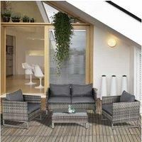 Outsunny 4 PCs PE Rattan Wicker Outdoor Dining Set w/Sofa Chairs Glass Top Table Cushions Patio Garden Conservatory Furniture