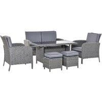 Outsunny 6 PCS Outdoor Patio Rattan Dining Table Sets All Weather PE Wicker Sofa Furniture Set for Backyard Garden w/Cushions Grey