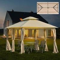 Outsunny 4 x 3(m) Outdoor Gazebo Canopy Party Tent Garden Pavilion Patio Shelter w/LED Solar Light, Double Tier Roof, Curtains, Steel Frame, Khaki
