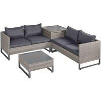 Outsunny 4 PCs PE Rattan Wicker Sofa Set Outdoor Conservatory Furniture Lawn Patio Coffee Table w/Side Storage Box & Cushion, Grey