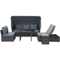 Outsunny 5 PCS Outdoor Rattan Wicker Sofa Sets Reclining Sofa Adjustable Canopy & Side Table Dining Table Set Sectional Conversation Furniture w/Cushions, Mixed Grey