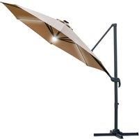 Outsunny 3(m) Cantilever Roma Parasol Garden Sun Umbrella Outdoor Patio with Crank & Tilt Aluminum Frame LED Solar Light Cross Base 360° Rotating, Brown